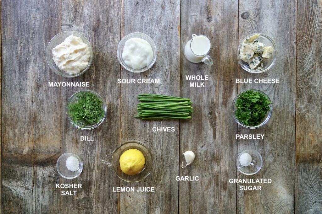 A photo of all the ingredients needed to make this creamy Green Goddess Salad Dressing.