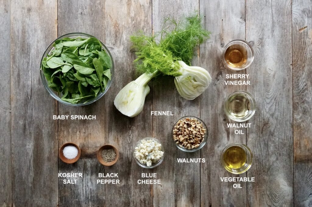 The ingredients required to make the spinach and fennel salad