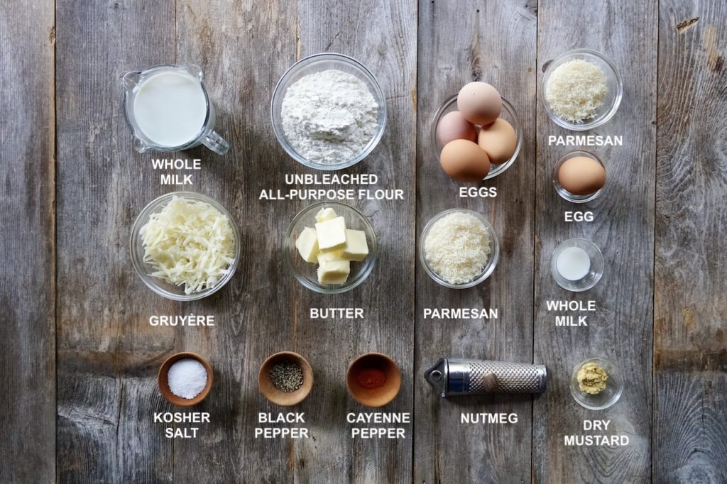 The ingredients needed to make gougère, savory French cheese puffs.