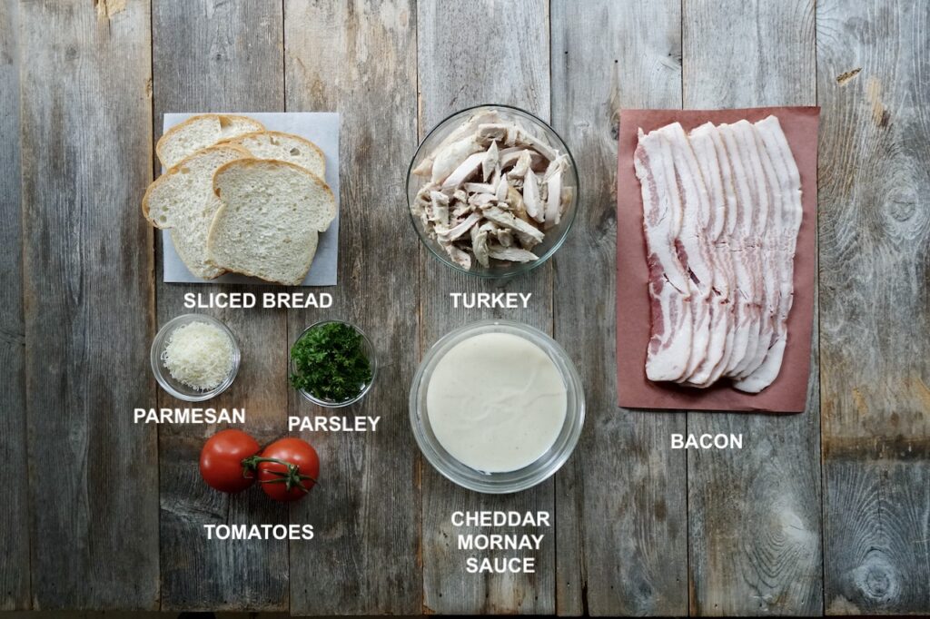 Ingredients for hot brown turkey sandwiches.