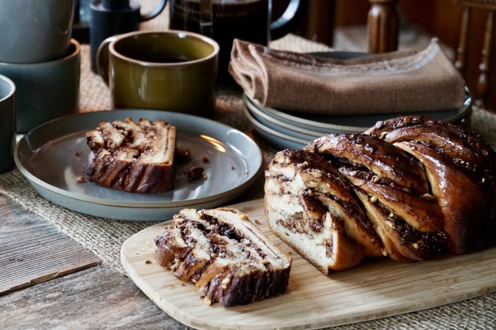The babka sliced to reveal the nutty, chocolate interior.