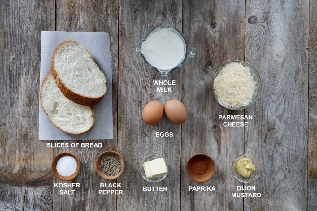 Ingredients for the crispy Parmesan French Toast recipe.