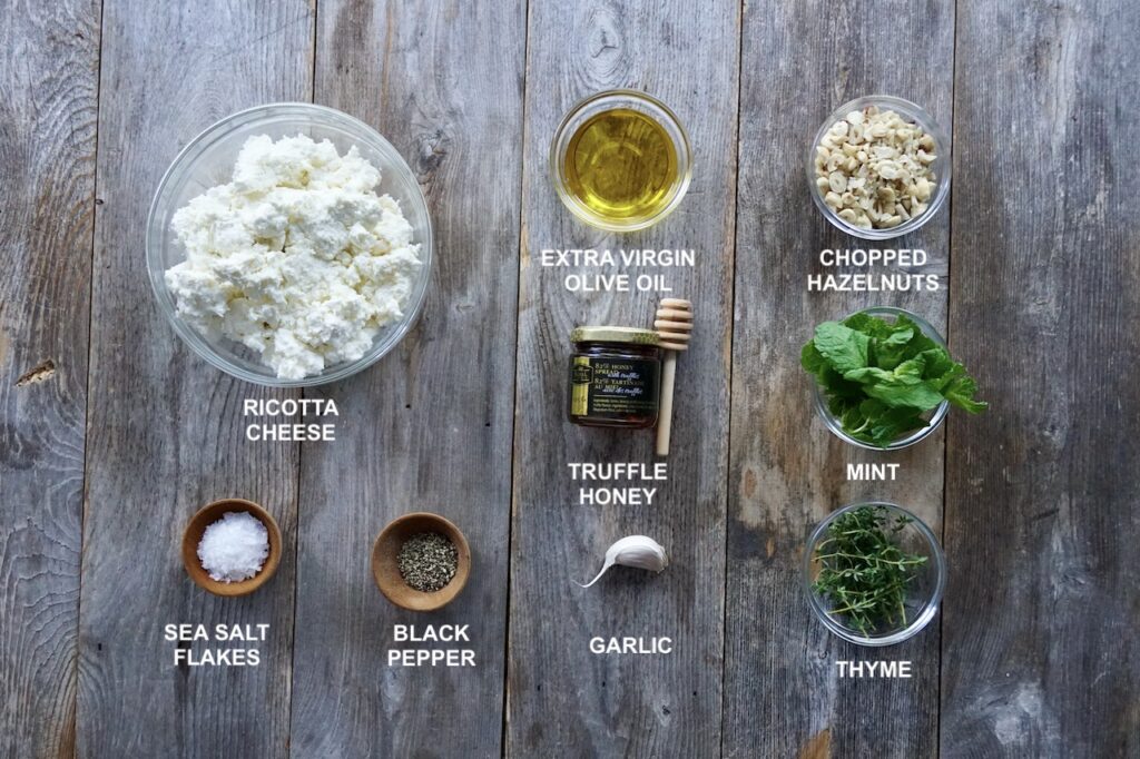 The ingredients needed to make Whipped Ricotta with Truffle Honey.