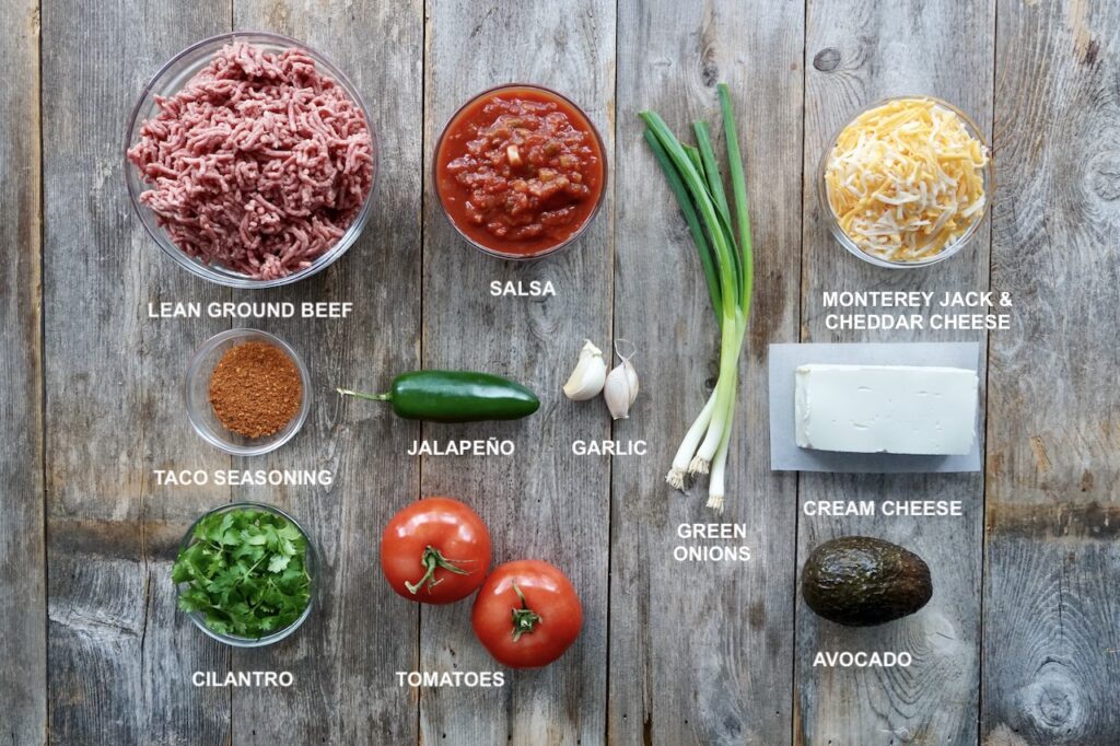 All of the ingredients needed to make the beef taco dip.