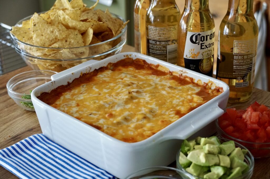 The Cheesy Beef Taco Dip bubbly and hot fresh out of the oven.