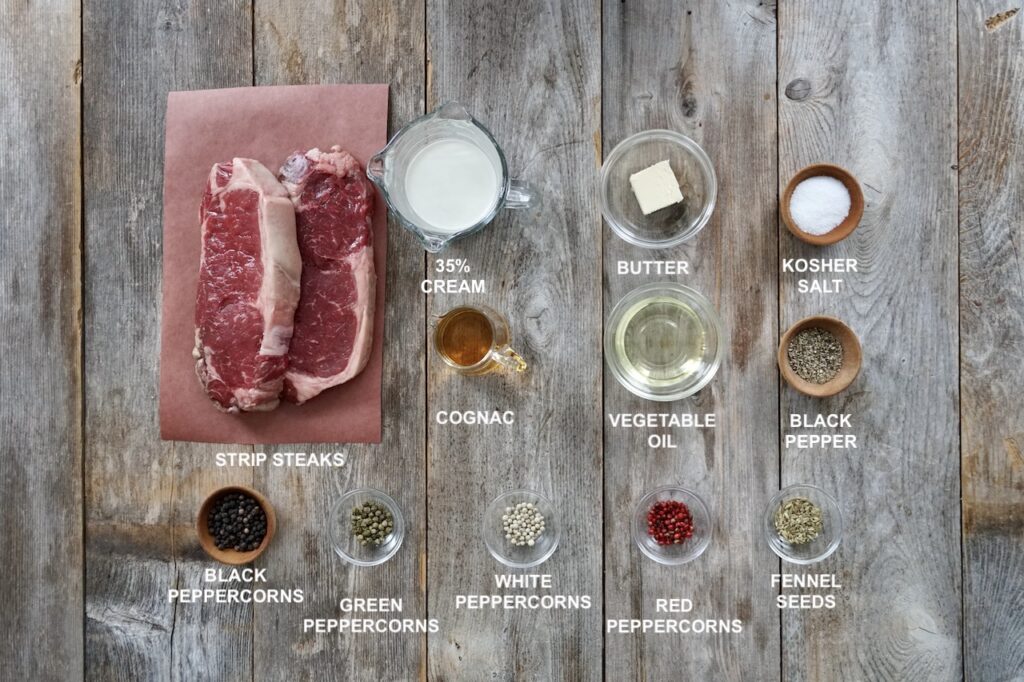 The ingredients needed to make steak au poivre.
