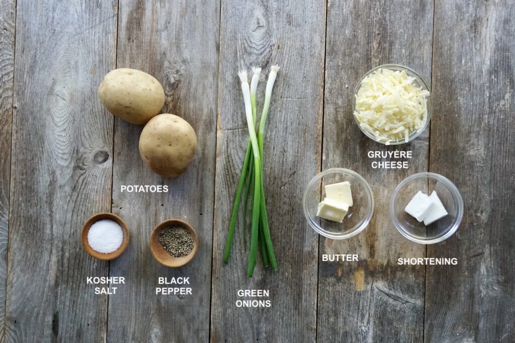 The seven ingredients needed to make rosti potatoes.