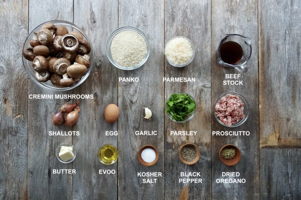 The ingredients needed to make the stuffed mushrooms recipe.
