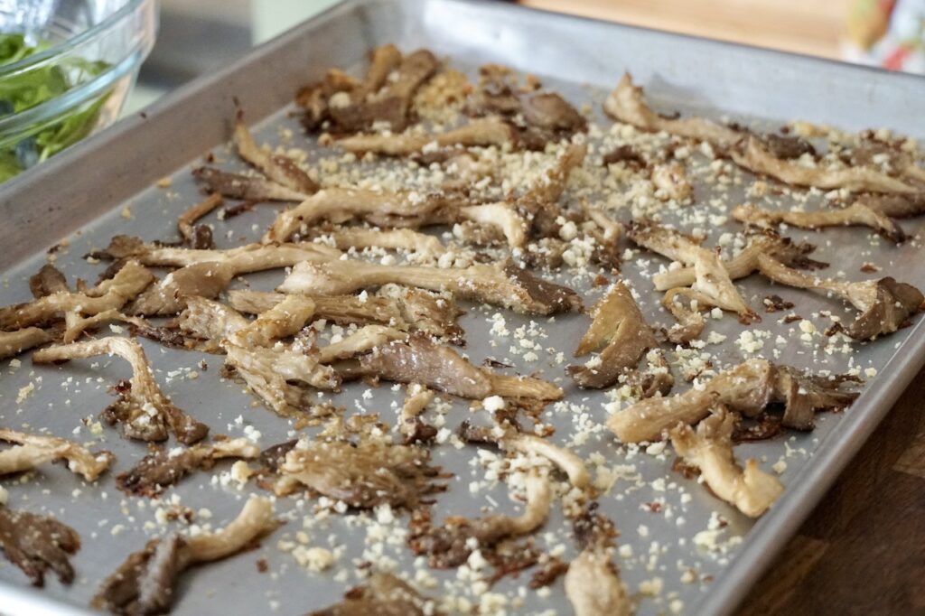 The oyster mushrooms oven-baked golden brown and crispy.