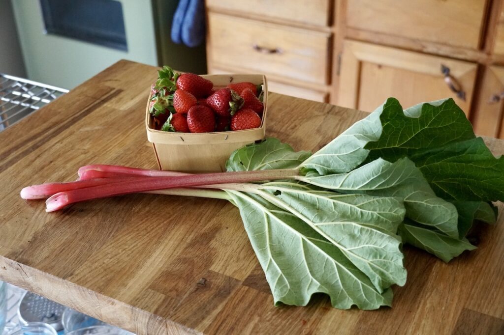Stalks of rhubarb and a pint of freshly picked strawberries.
