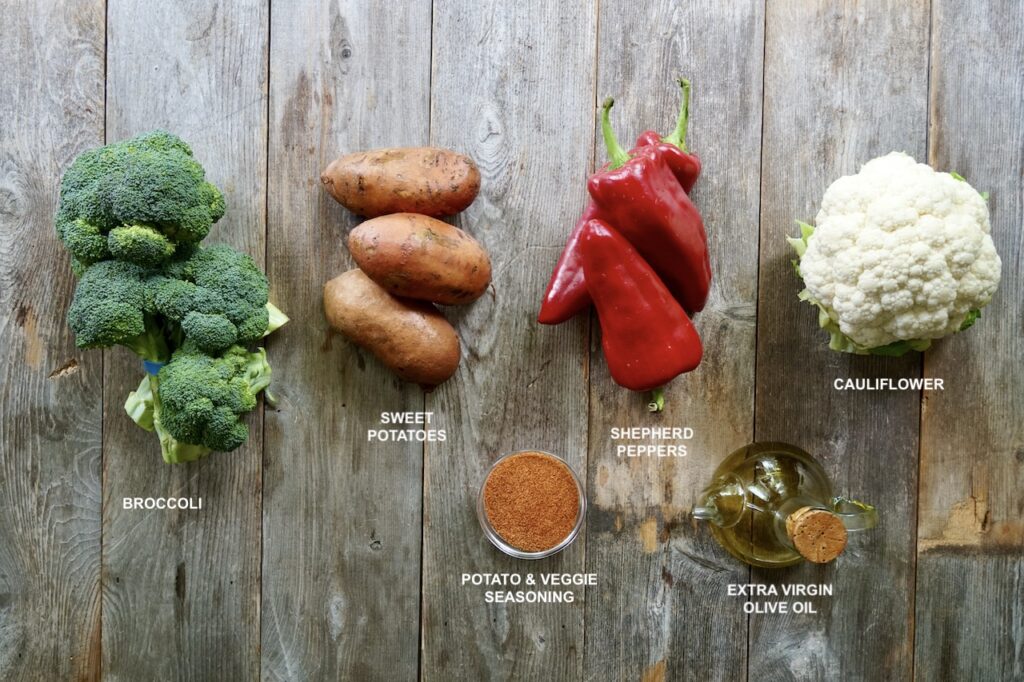 The ingredients needed to make oven-roasted vegetables.