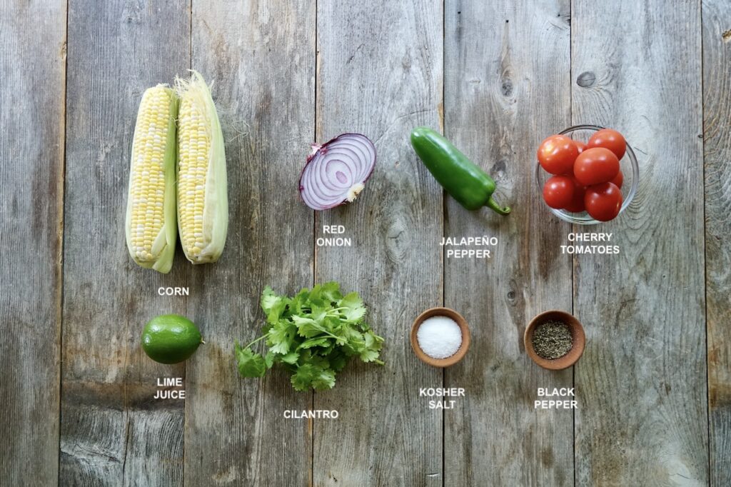 Ingredients needed to make a grilled corn salsa.