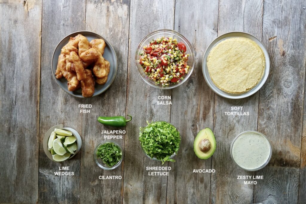 All of the ingredients for a fish tacos recipe.