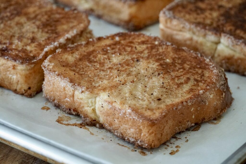 Oven-baked upgraded French toast, fresh out of the oven, the outside crispy.