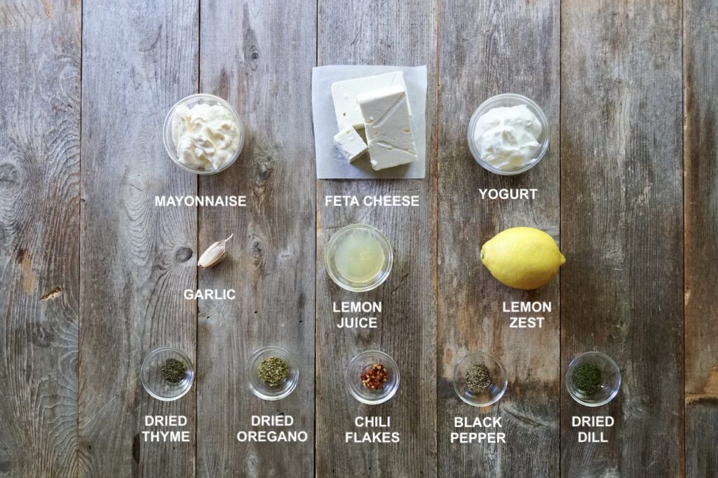 The various ingredients needed to make this delicious Feta Cheese Dip.