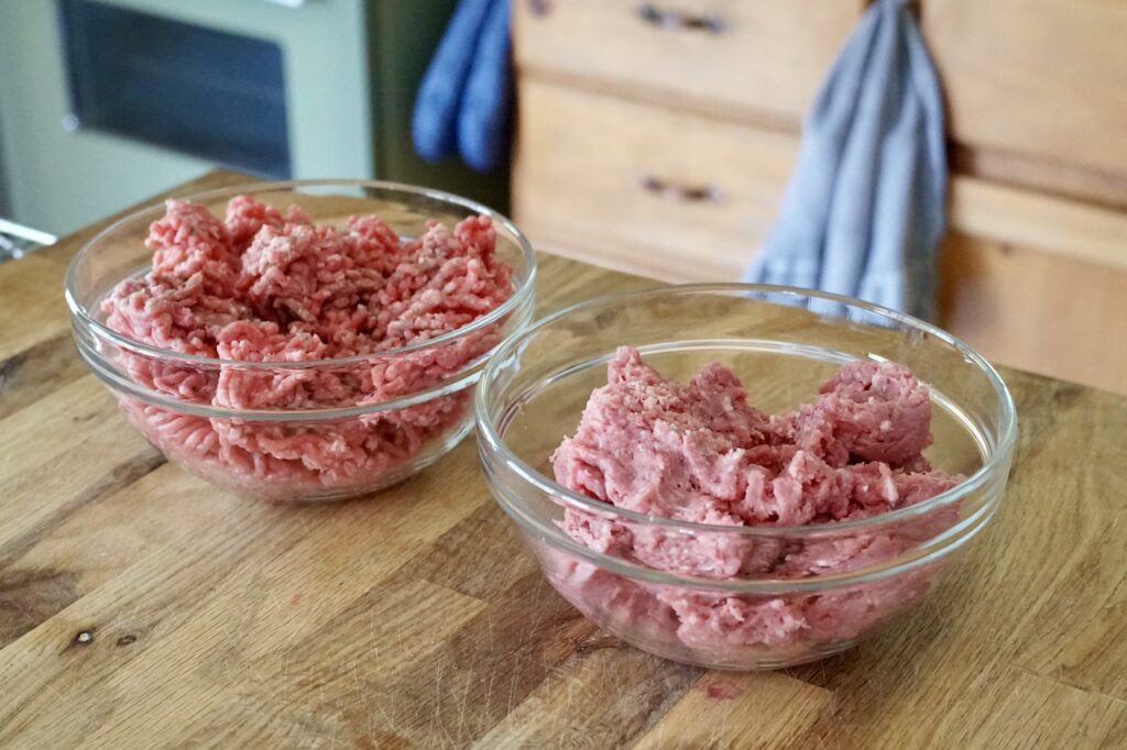 Bowls of ground beef and lamb.