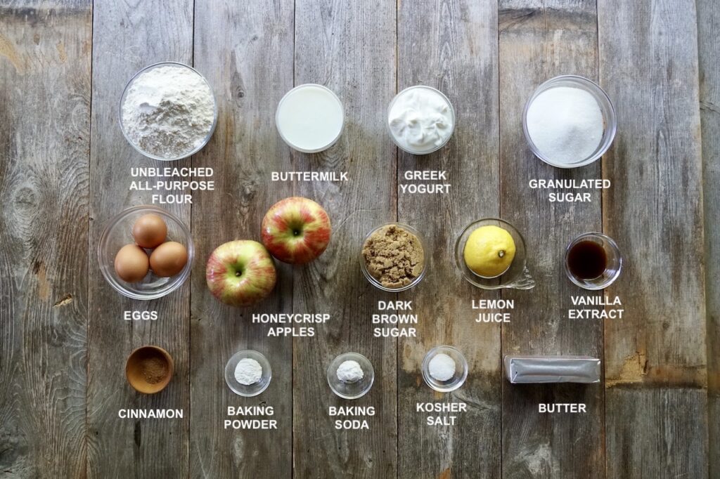 All of the ingredients needed to make the Apple Skillet Cake.