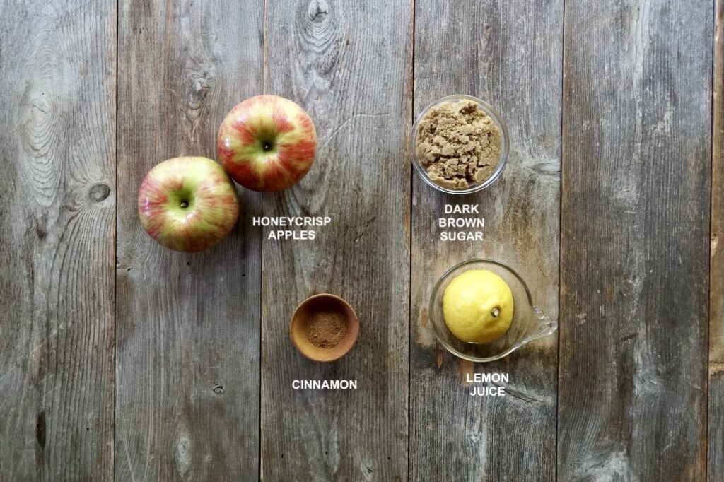 Apples, brown sugar, lemon juice and cinnamon needed for the tossed apple mixture.