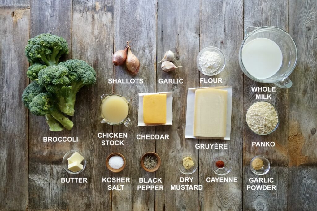 Ingredients needed to make a creamy, cheesy broccoli casserole.