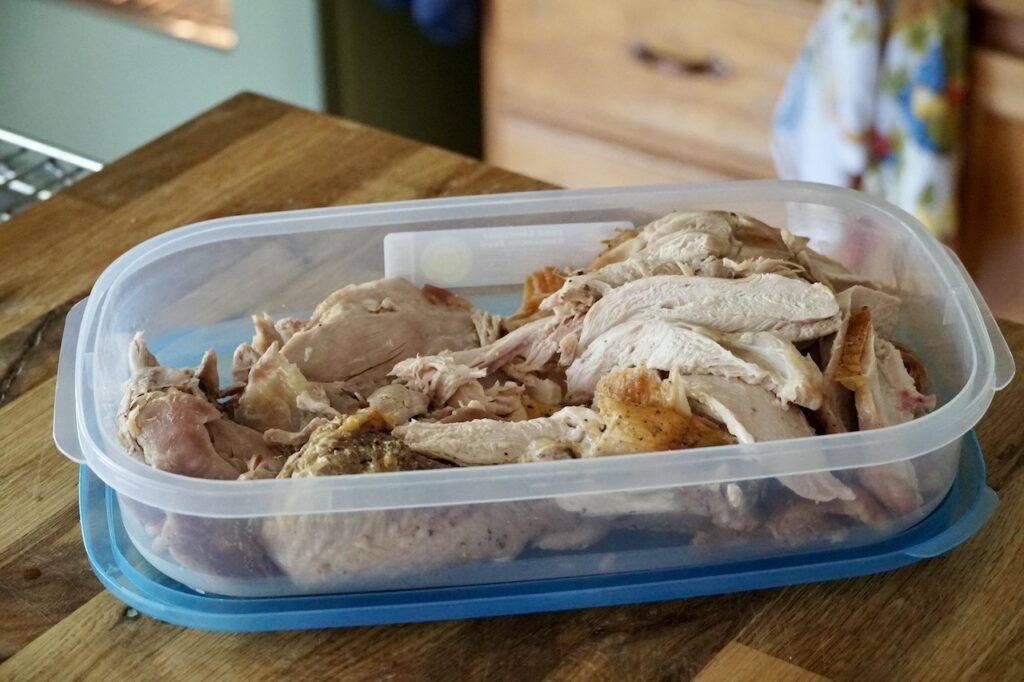 Leftover light and dark turkey meat in a storage container.