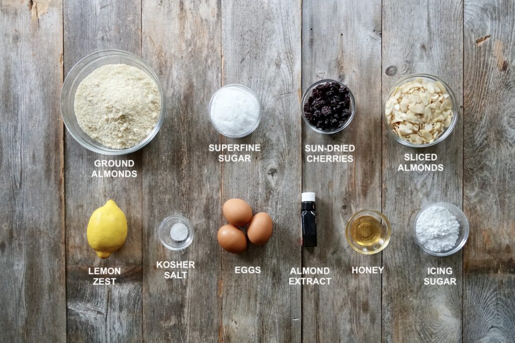 Ingredients needed to make Italian Almond Cookies.
