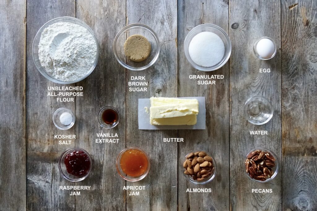 All of the ingredients needed to make Nutty Thumbprint Cookies.