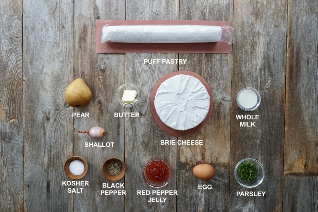 Ingredients needed to make a Baked Brie en Croûte.