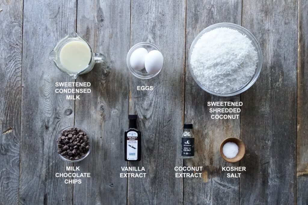 All of the ingredients needed to make coconut macaroons.