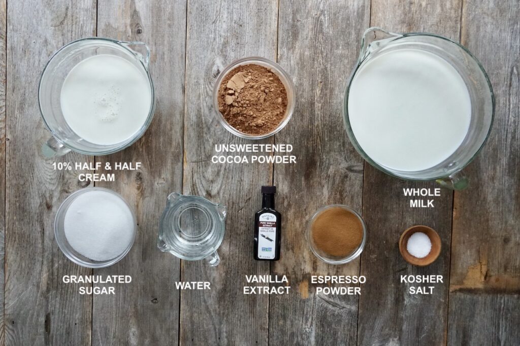 Ingredients needed to make Mocha Hot Chocolate.