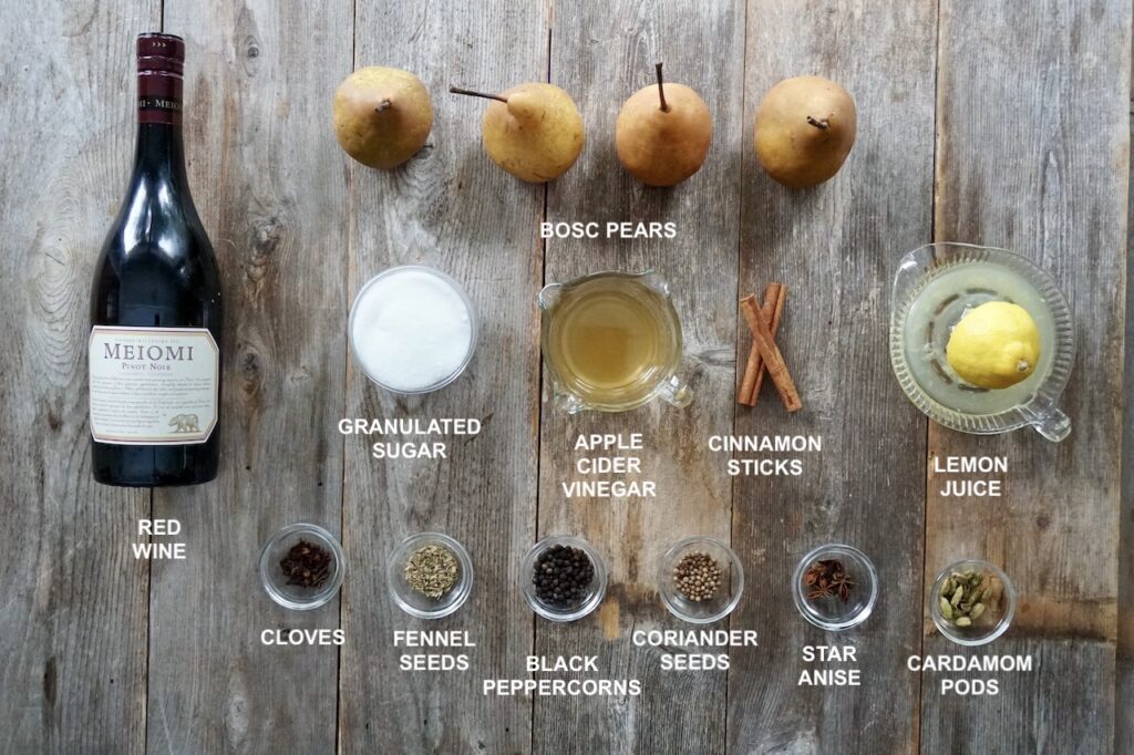 All of the ingredients needed to poach pears.