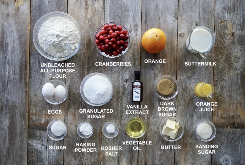 All of the ingredients needed to make Cranberry-Orange Muffins.