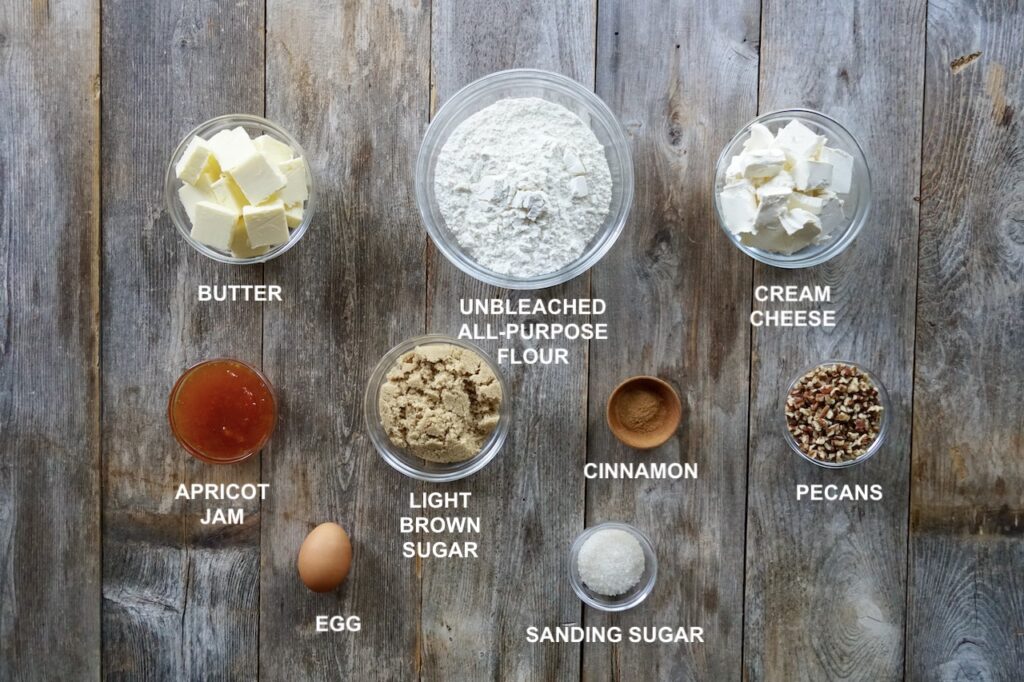 Here are the ingredients needed to make rugelach cookies.