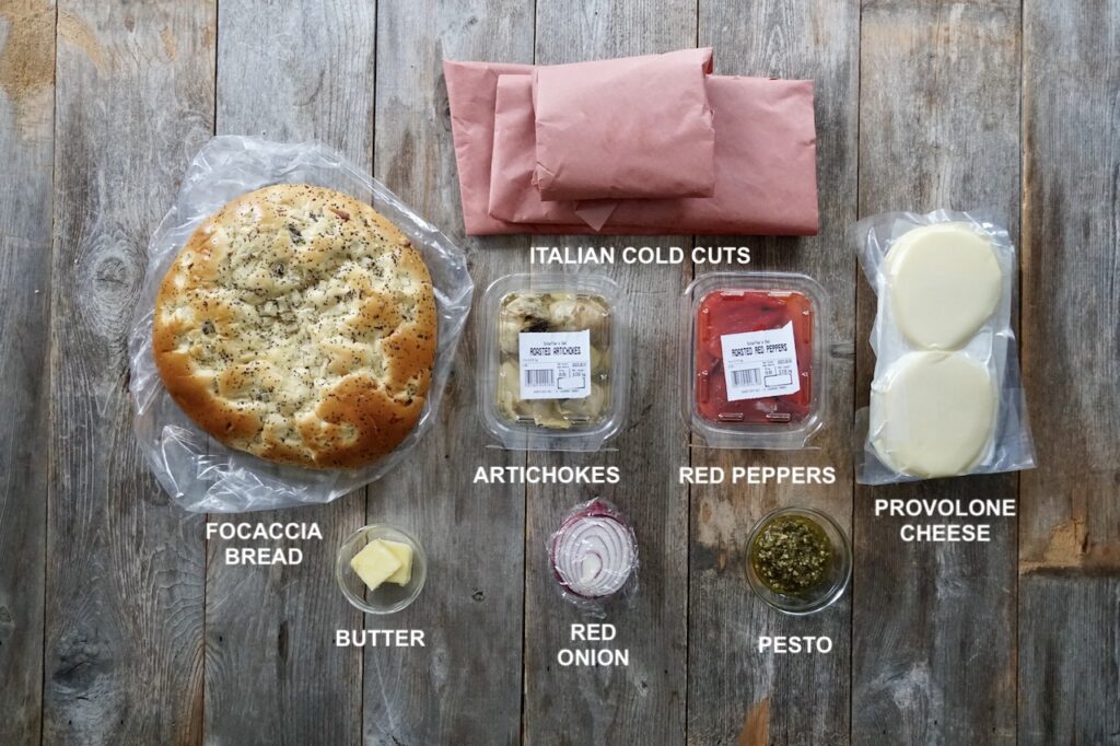 All of the ingredients needed to make a Toasted Focaccia Sandwich.