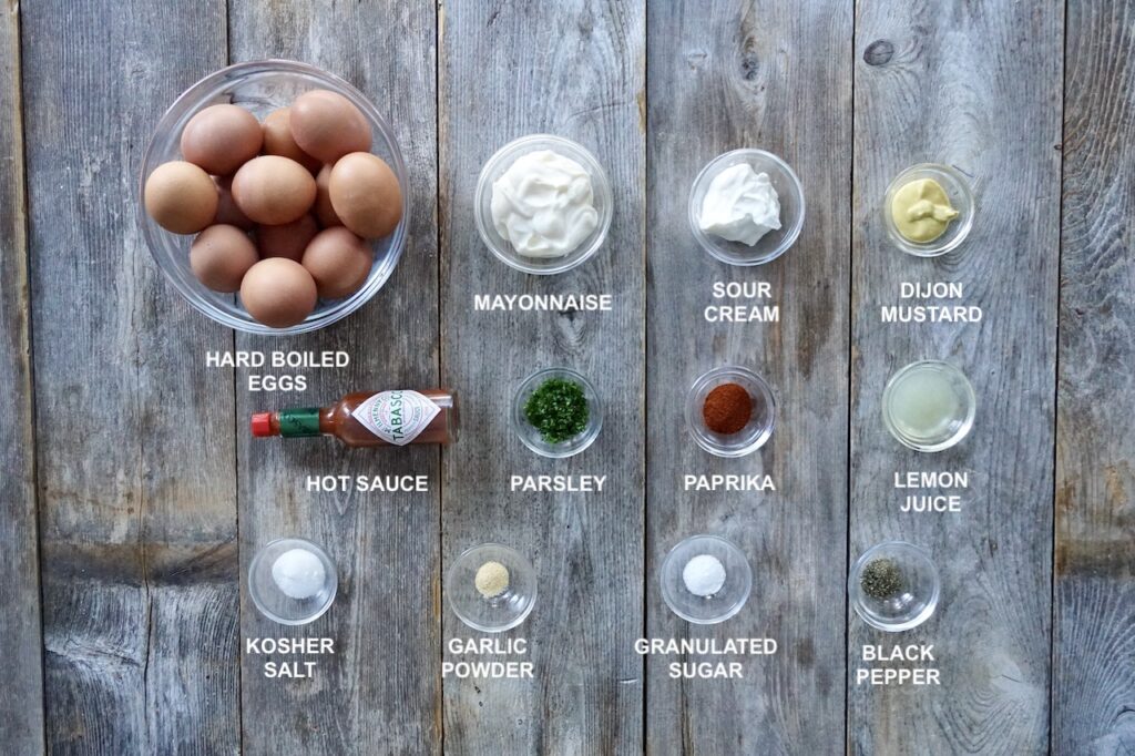 Ingredients needed to make the creamy filling for classic deviled eggs.
