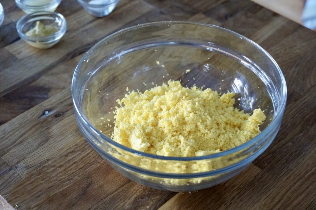 The egg yolks after being passed through a fine sieve.