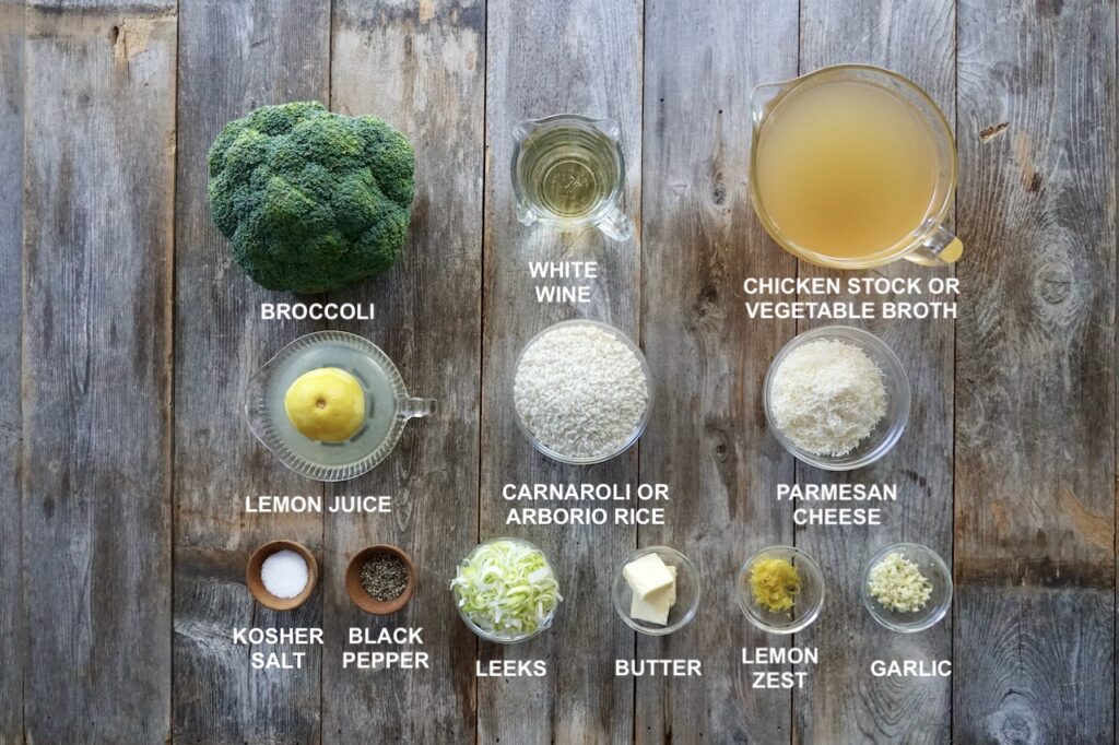 All of the ingredients needed to make broccoli risotto.