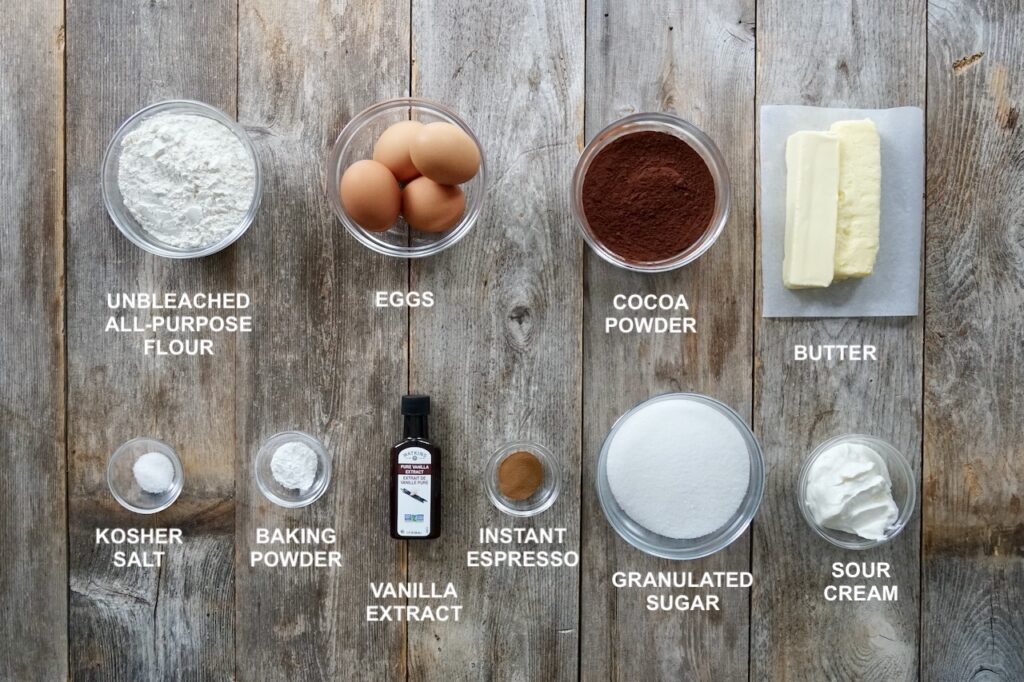 Ingredients for a moist, tender CHOCOLATE MOCHA POUND CAKE.