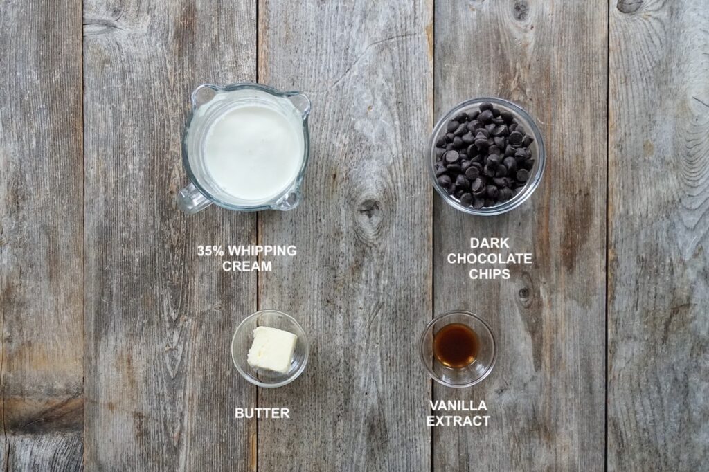 The ingredients needed to make the chocolate glaze.