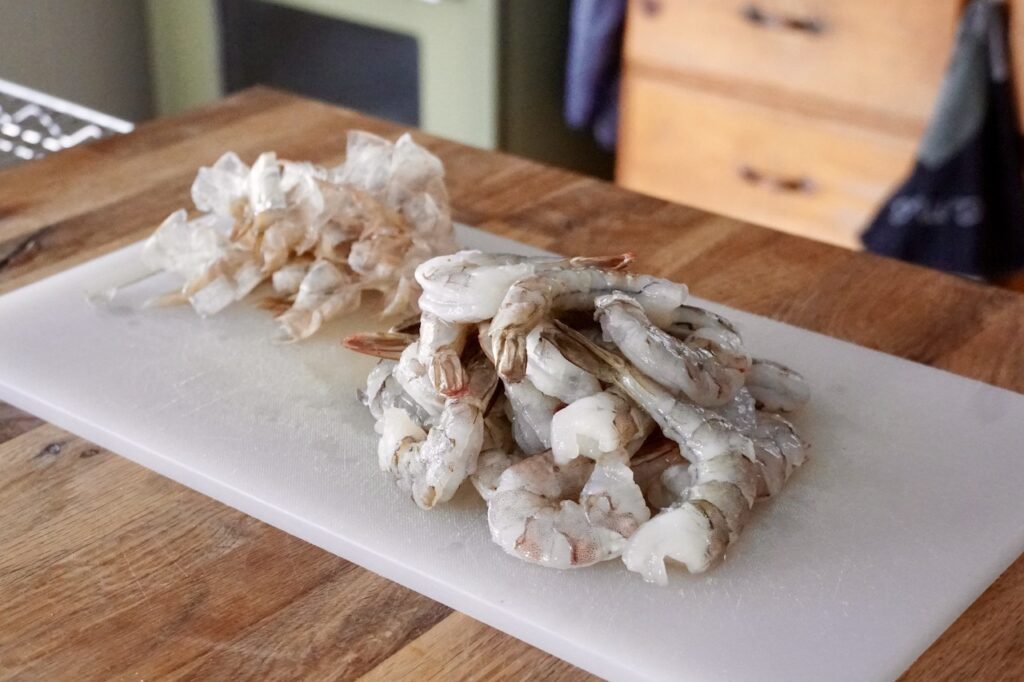 A pound of shrimp deveined and peeled, ready for the soup.