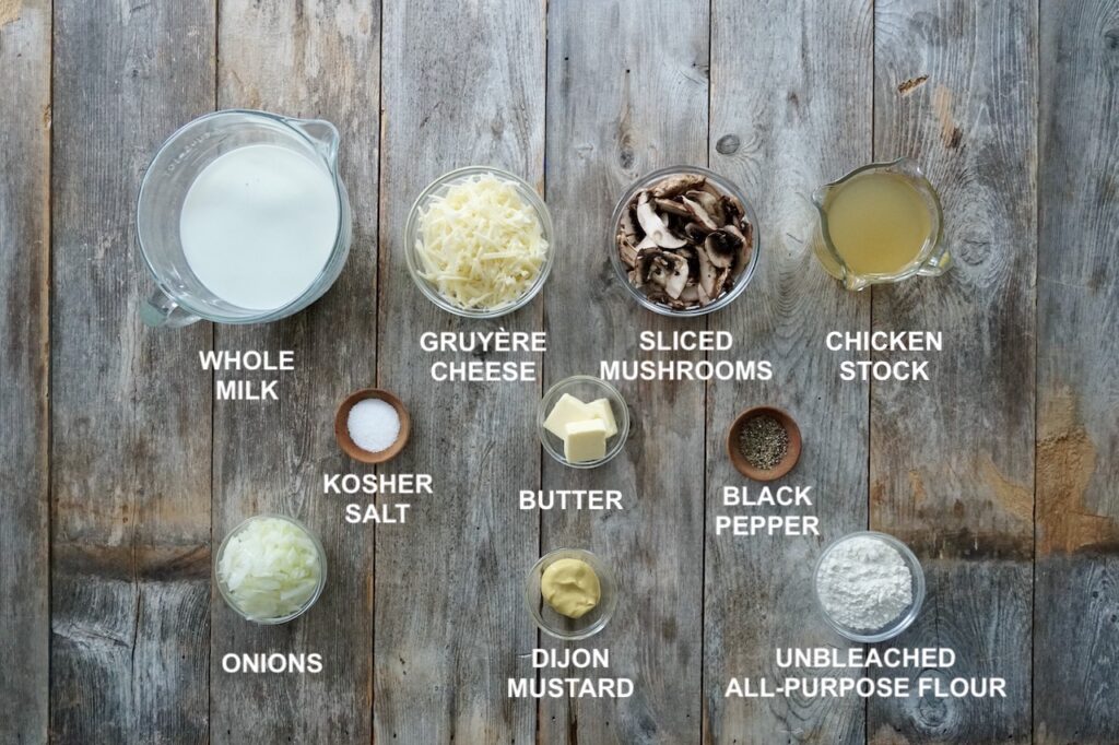 All of the ingredients needed to make the creamy cheese sauce.