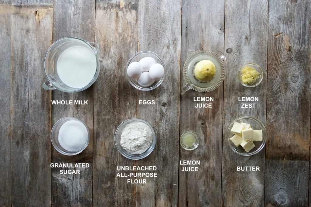 All of the ingredients needed to make the Lemon Custard Cake.