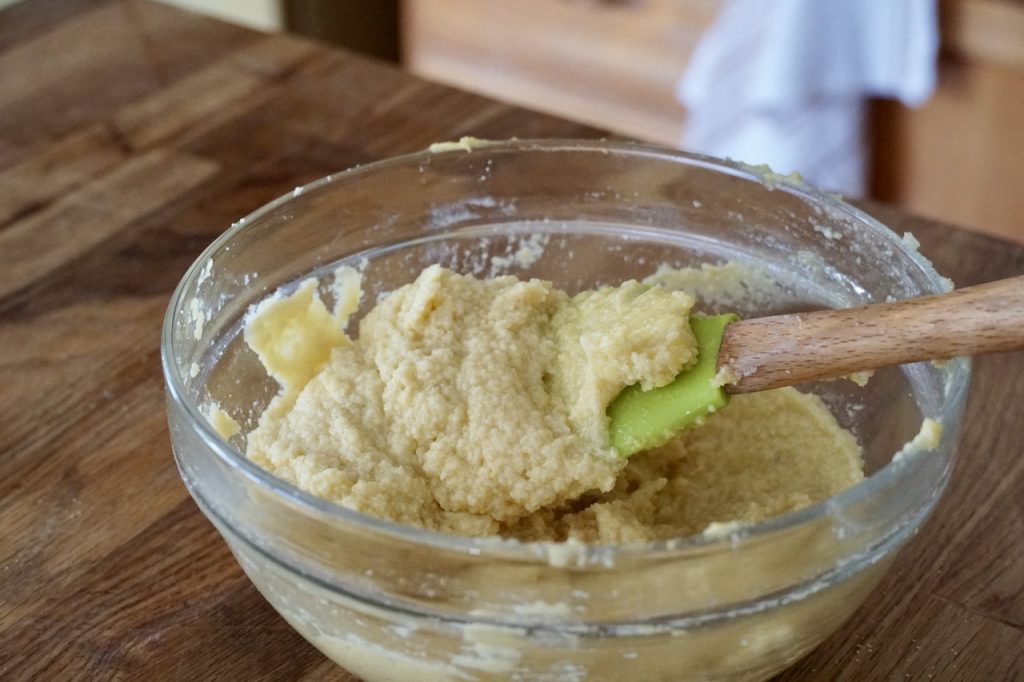 A bowl of the creamy almond frangipane mixture.