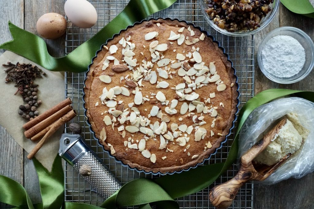 An overhead view of the completed Mincemeat Frangipane Tart.