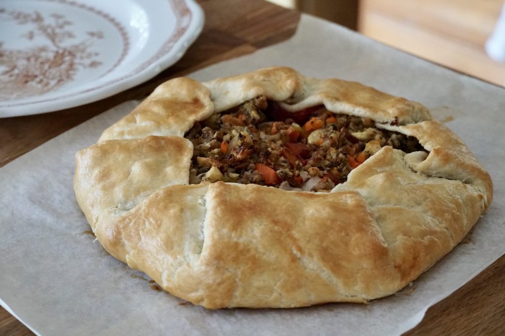 A galette made with leftover turkey and all the trimmings from Thanksgiving turkey dinner.