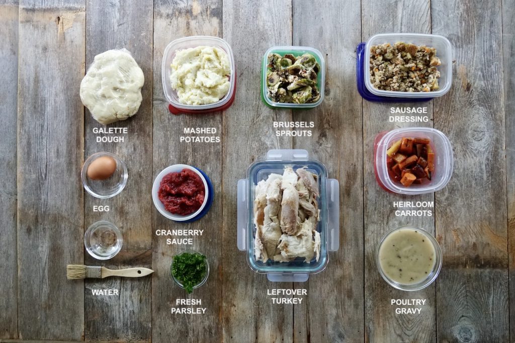 All of the ingredients needed to make a leftover turkey galette.