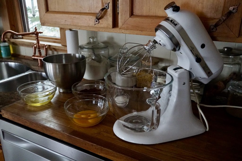 The entire Bûche de Noël is made using a stand mixer fitted with a whisk attachment.