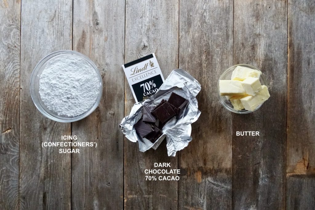 The ingredients for the chocolate buttercream include: premium dark chocolate, icing sugar and butter.
