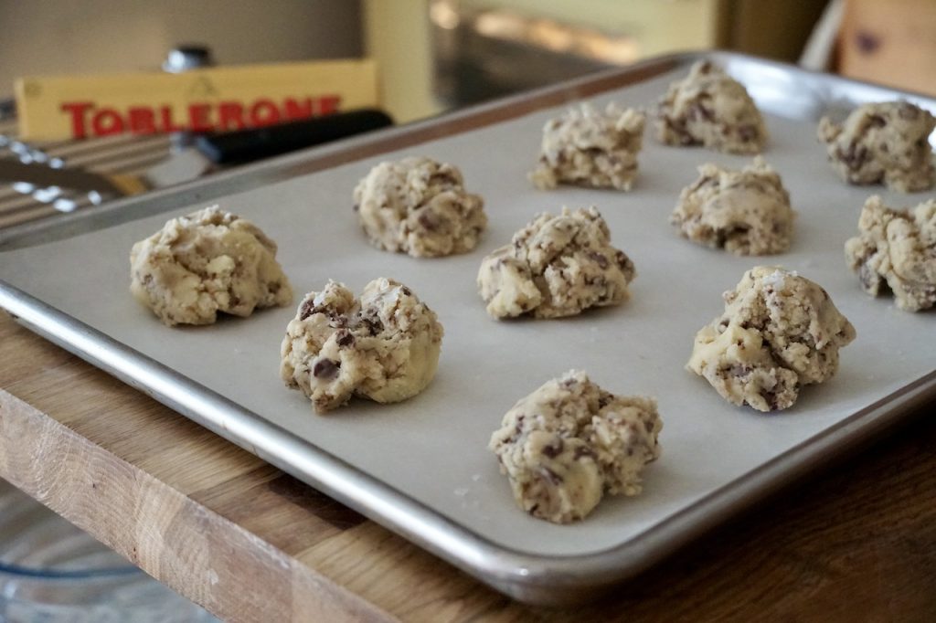 A tray of unbaked shortbread cookies