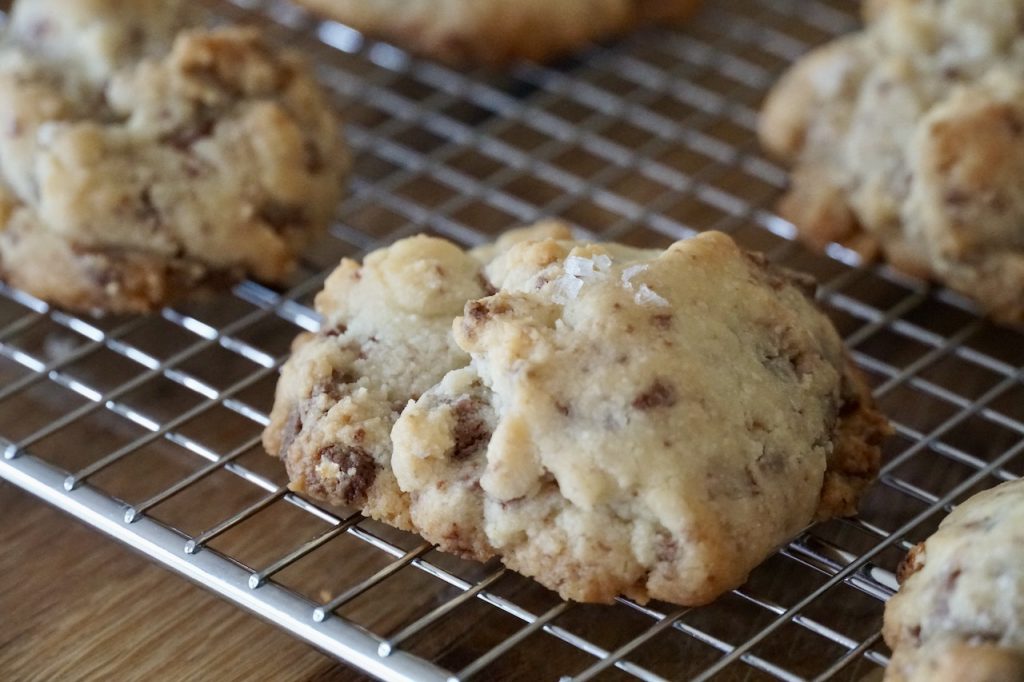 A close up of a baked shortbread cookie.
