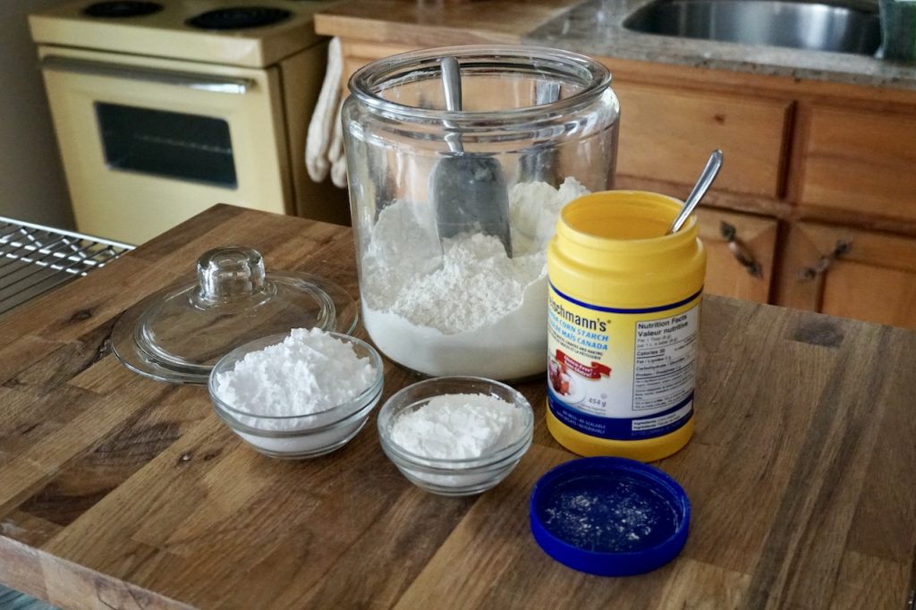 The dry ingredients include flour, cornstarch and icing sugar.